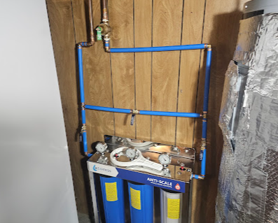 Blue plumbing pipes and valves mounted on a plywood wall above a water filtration system.