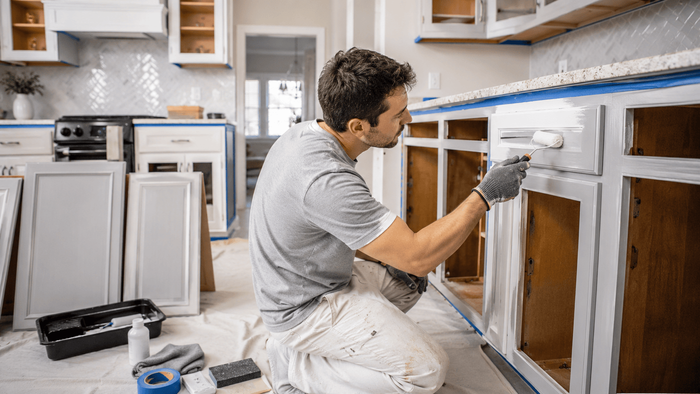 Worker painting kitchen cabinets during renovation, with white cabinet doors and tools on the floor