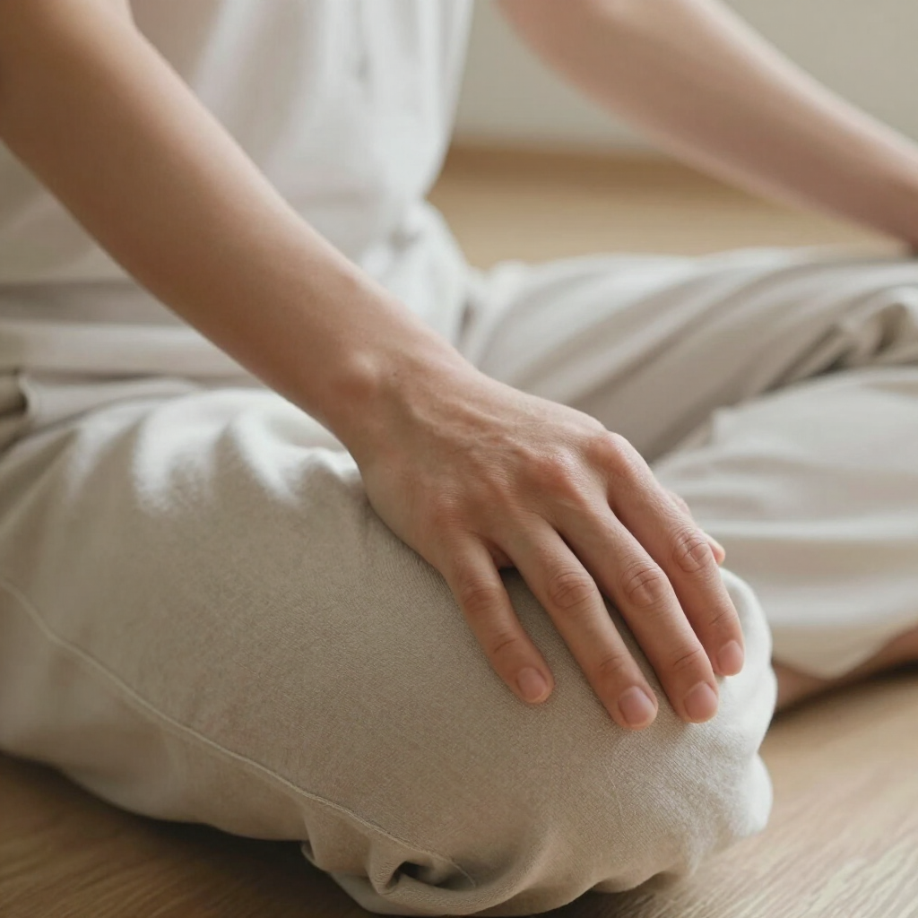 Een persoon in beige kleding zit in een meditatieve houding op de grond, met zijn hand zachtjes op zijn knie.