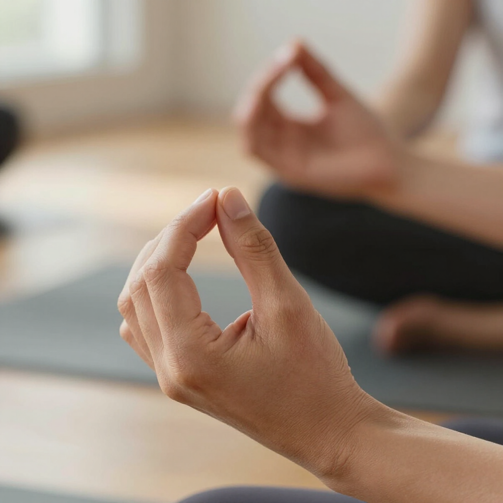 Een close-up van handen die in de Gyan mudra-houding rusten tijdens het beoefenen van meditatie op yogamatten.