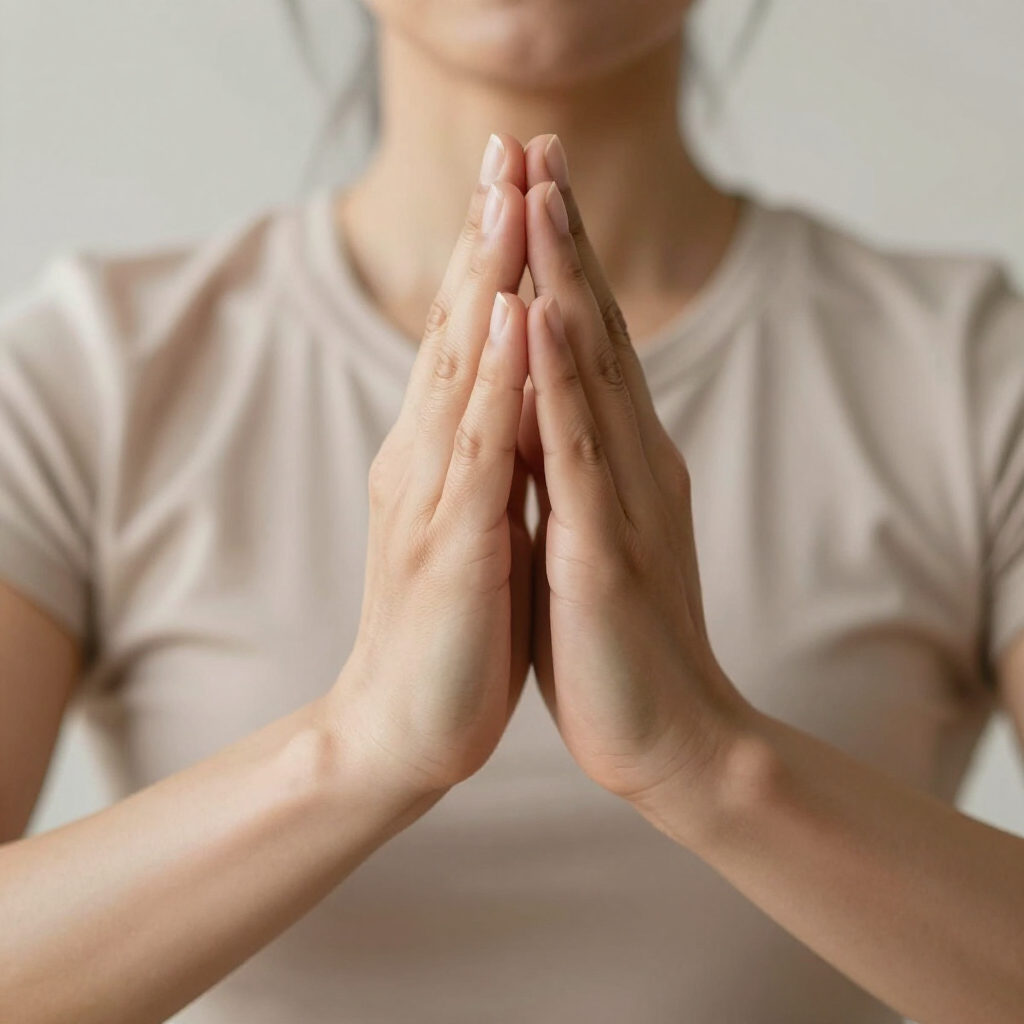 Een persoon in een beige shirt die de handpalmen voor de borst samenbrengt in een gebaar van gebed of mindfulness.