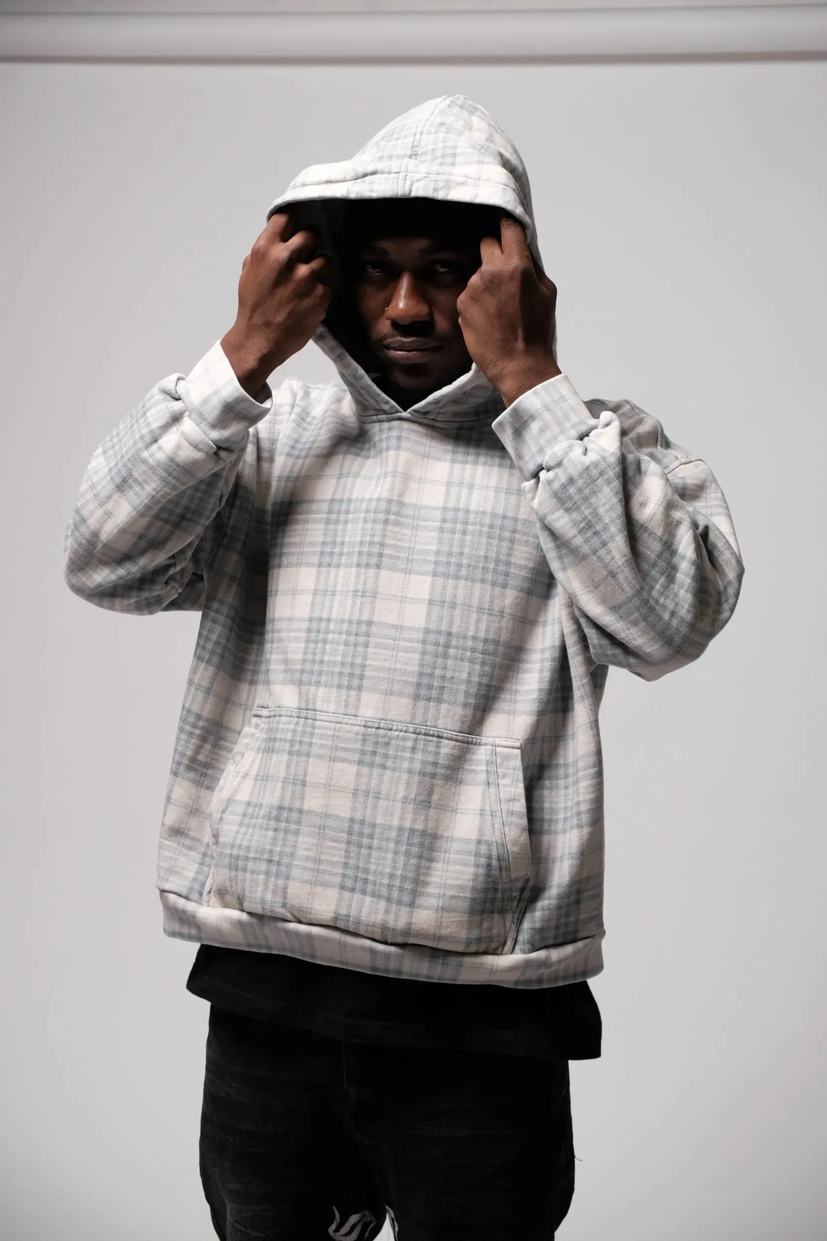 White & Blue Plaid Hoodie