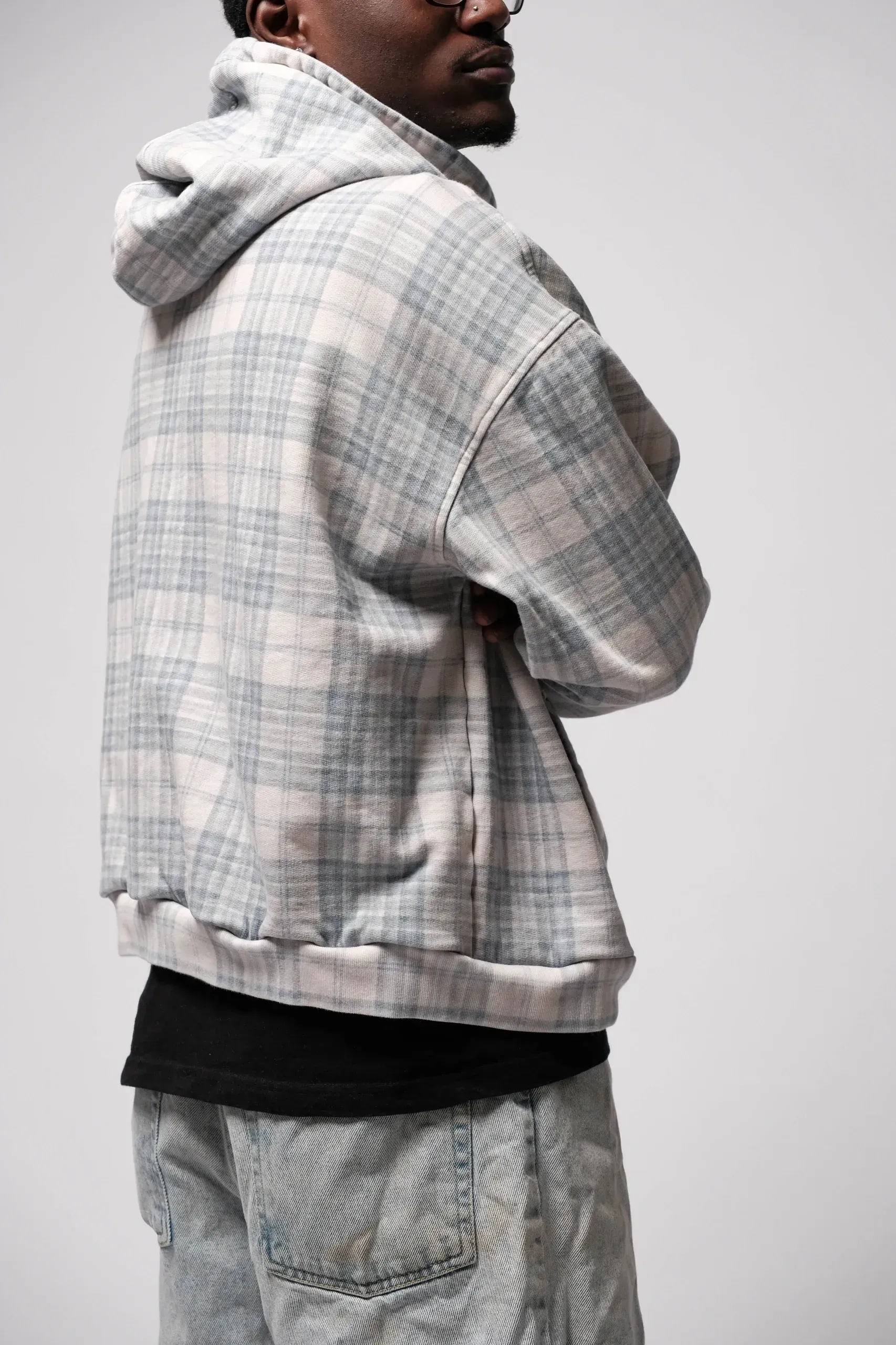 White & Blue Plaid Hoodie