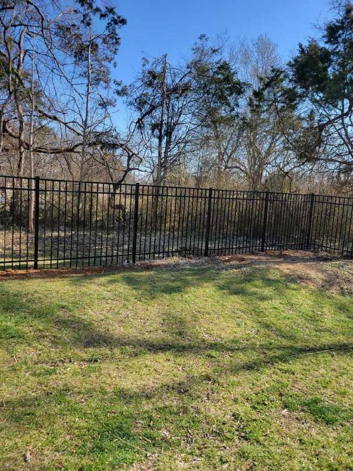 A black fence surrounds a lush green field with trees in the background.