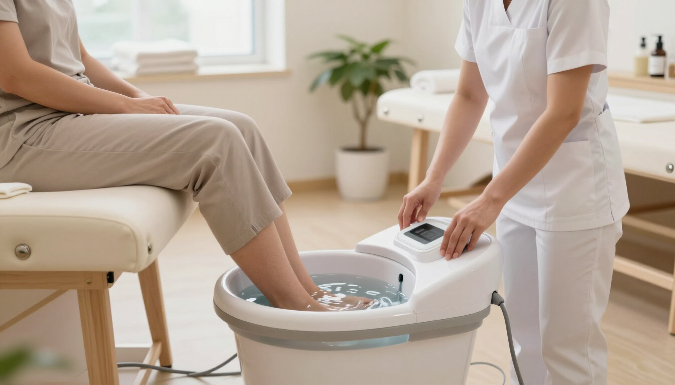 Spa de pedicura con los pies en remojo en una palangana blanca, mientras una cuidadora prepara el tratamiento en una habitación luminosa