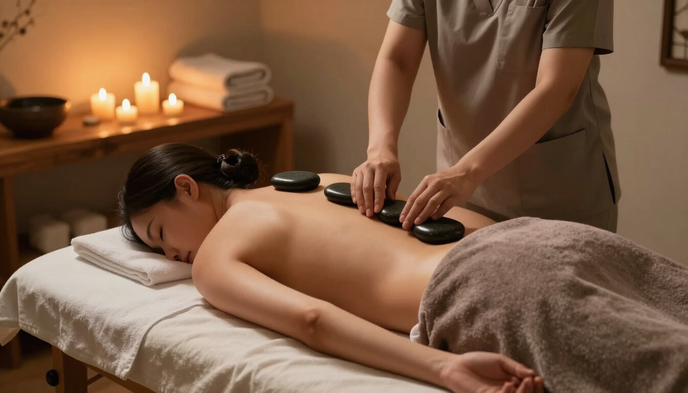 Masajista colocando piedras calientes sobre la espalda desnuda de un cliente en una sala de spa iluminada con velas