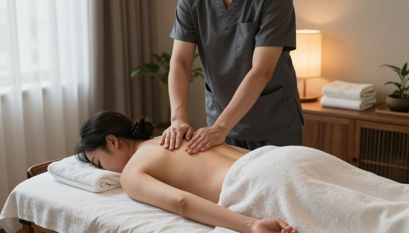 Persona recibiendo un masaje de espalda en una tranquila sala de spa con una iluminación cálida