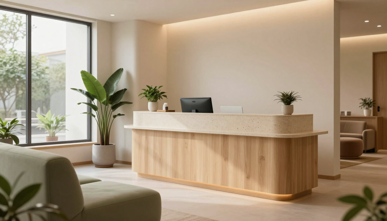 Vestíbulo moderno con un mostrador de recepción de madera, plantas y luz natural suave
