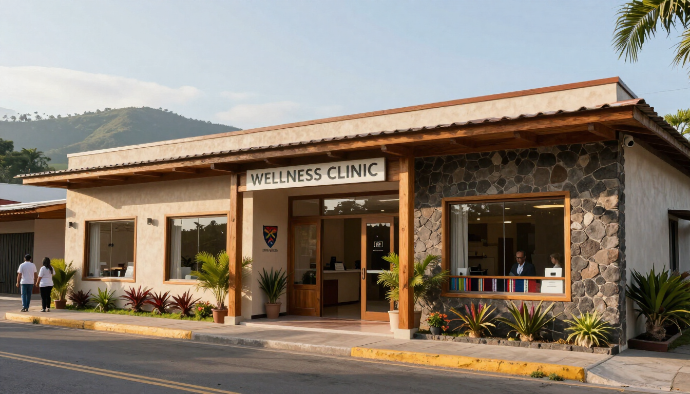 Edificio de clínica moderna con fachada de piedra, entrada de cristal y montañas al fondo