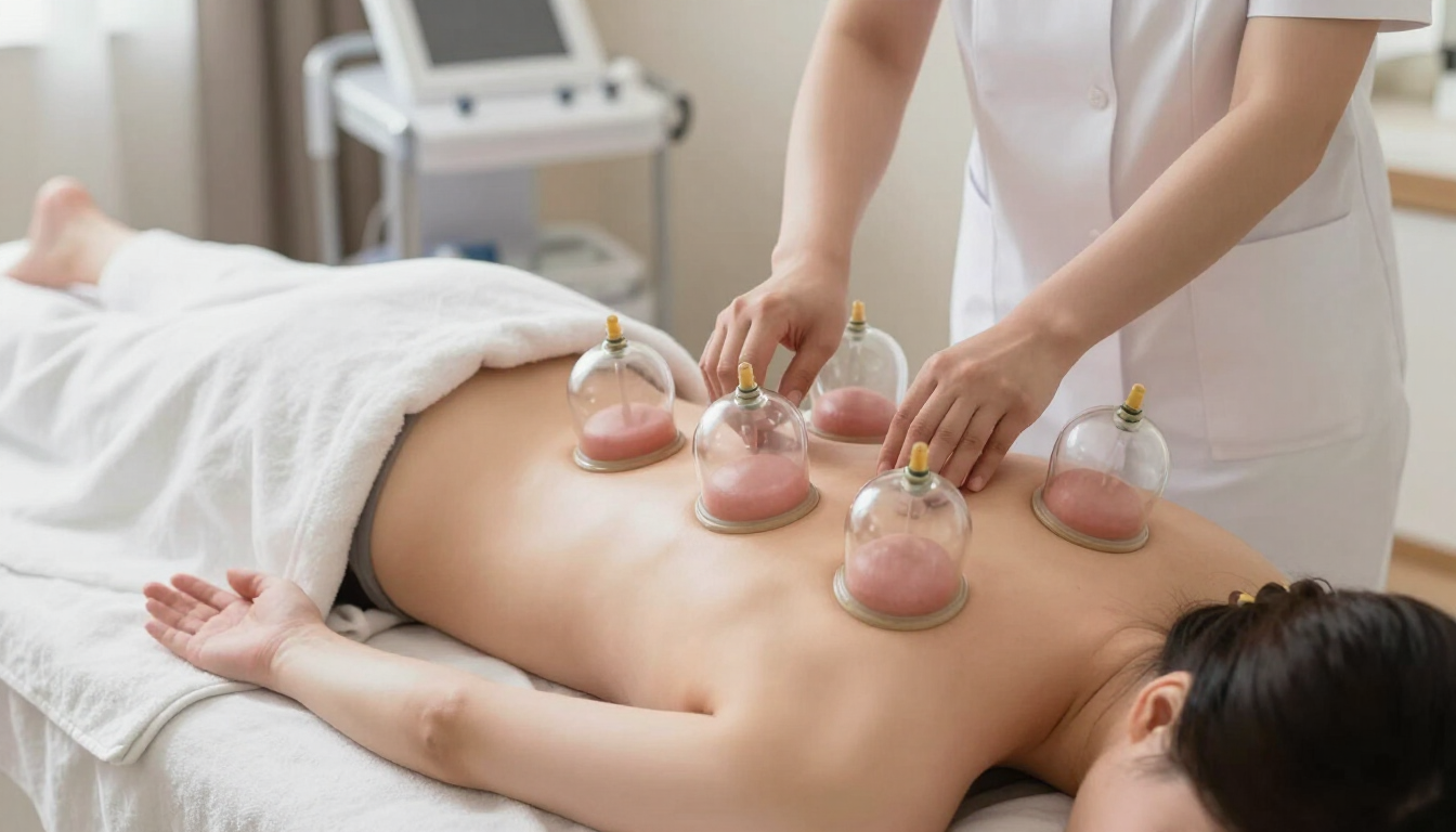 Masajista aplicando ventosas en la espalda de una persona en una sala de tratamientos de spa