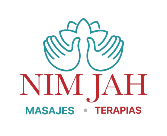 Logo de NIM JAH con manos turquesa y flor, texto «MASAJES • TERAPIAS» en azul y rojo