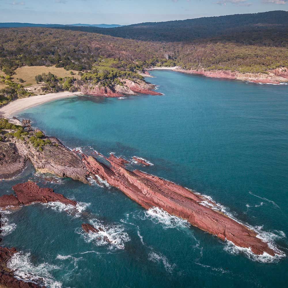 Aerial view of Mowarry Beach on the Light to Light walk in Beowa National Park