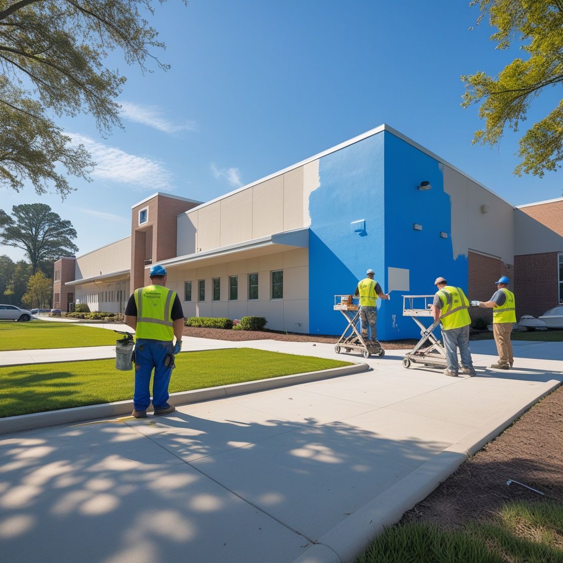 Professional commercial painters applying exterior paint to a municipal building in Greenville, SC