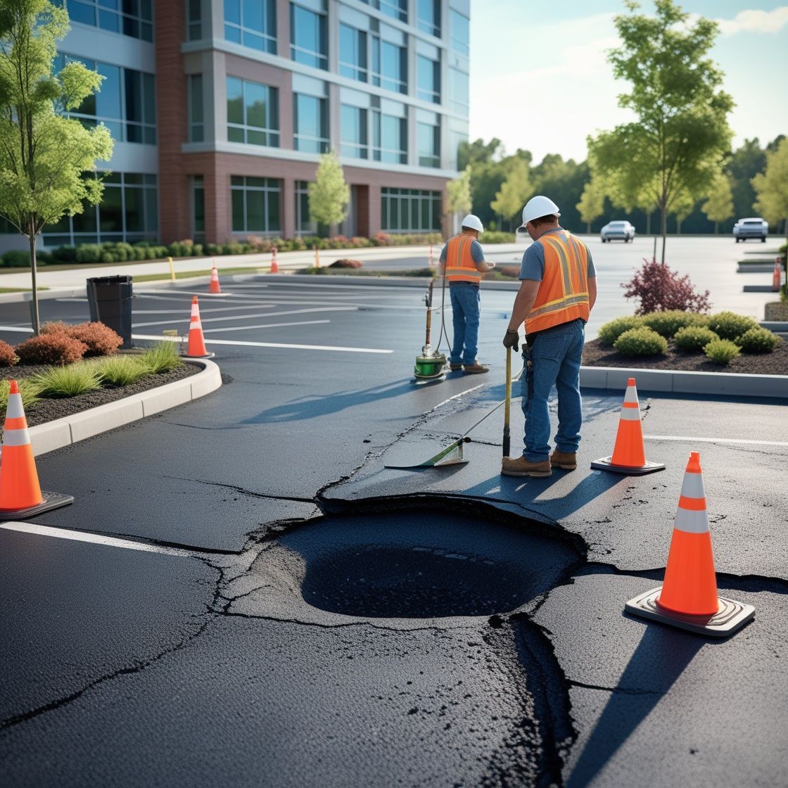 Commercial parking lot pothole being professionally repaired to improve pavement safety and prevent