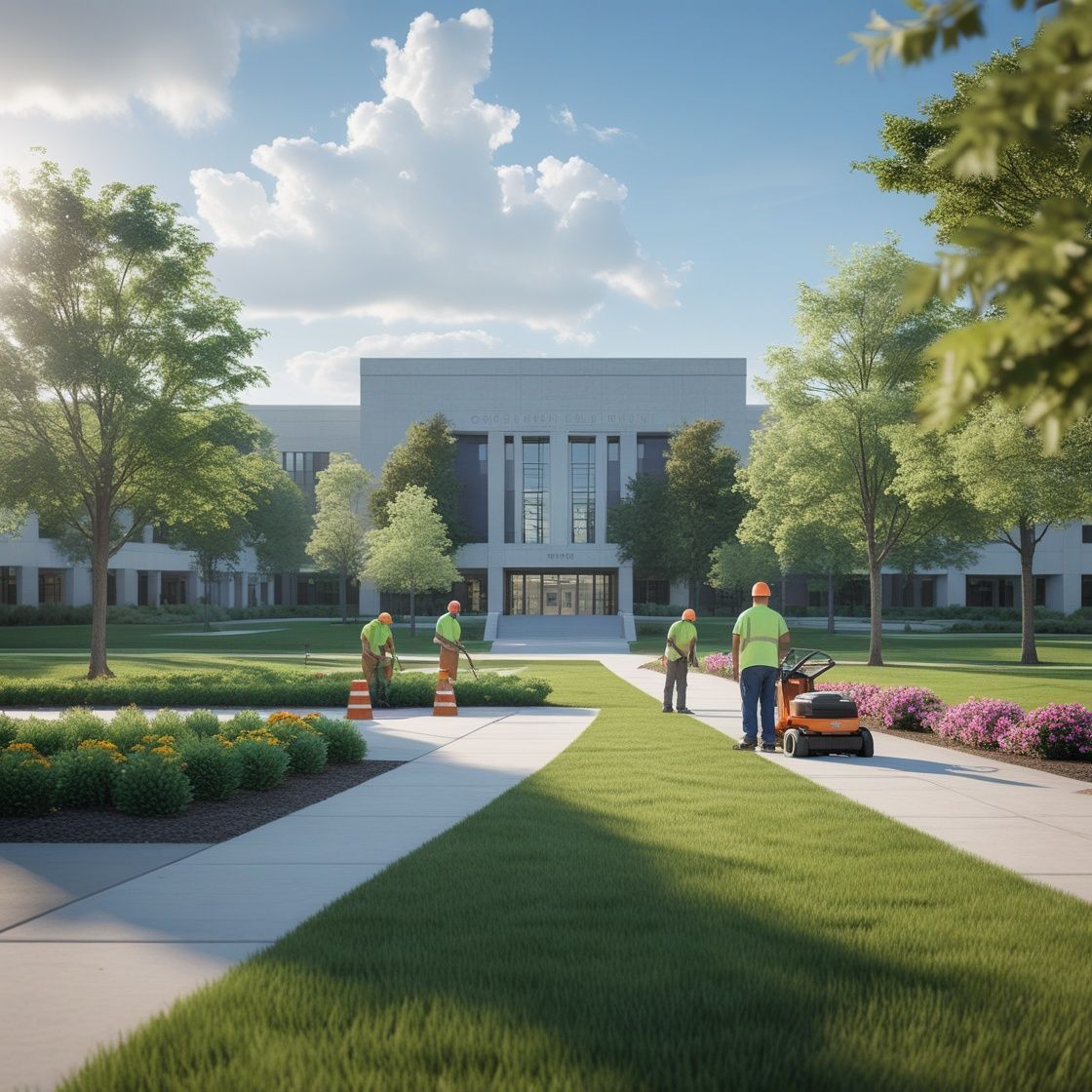 Professional groundskeeping crew maintaining landscaping and walkways outside a government building