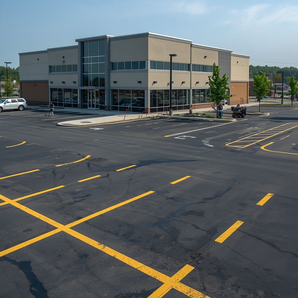 Professionally maintained commercial parking lot with fresh line striping and smooth asphalt outside