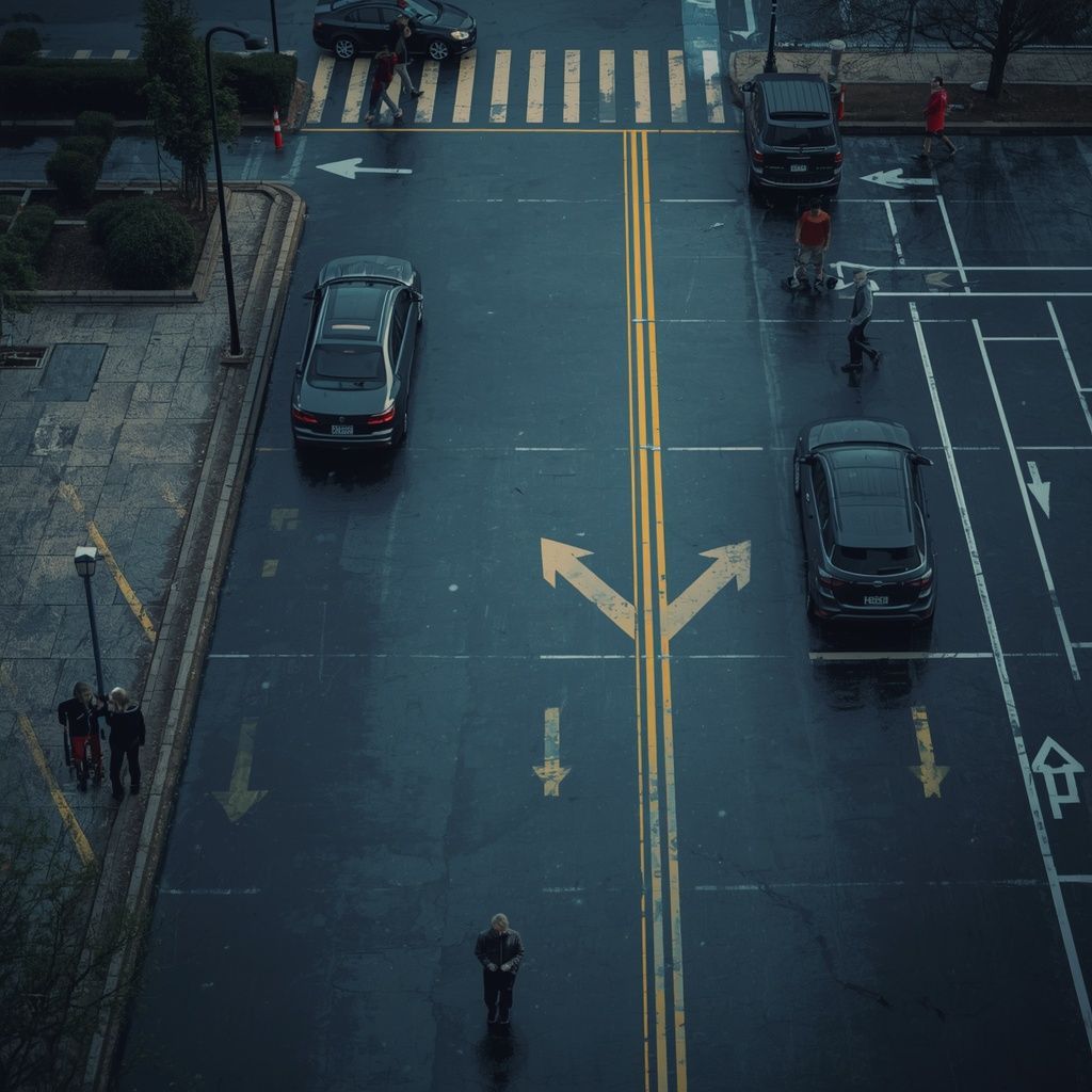 Faded parking lot lane markings and crosswalk lines creating unsafe driving and pedestrian condition