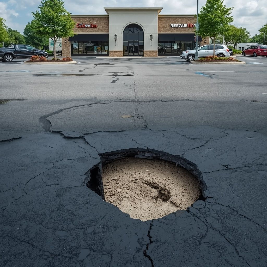 Commercial parking lot showing asphalt cracks and pothole damage requiring professional repair