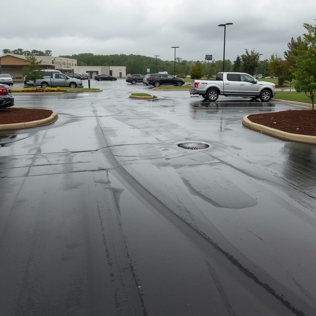 Commercial parking lot drainage system managing rainwater after heavy rainfall