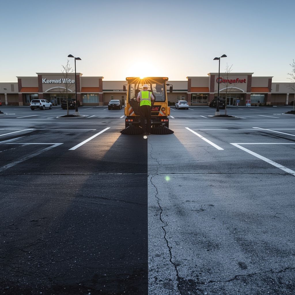 Commercial parking lot sweeper cleaning debris at sunrise in a South Carolina retail plaza to improve safety, reduce liability, and maintain asphalt pavement.