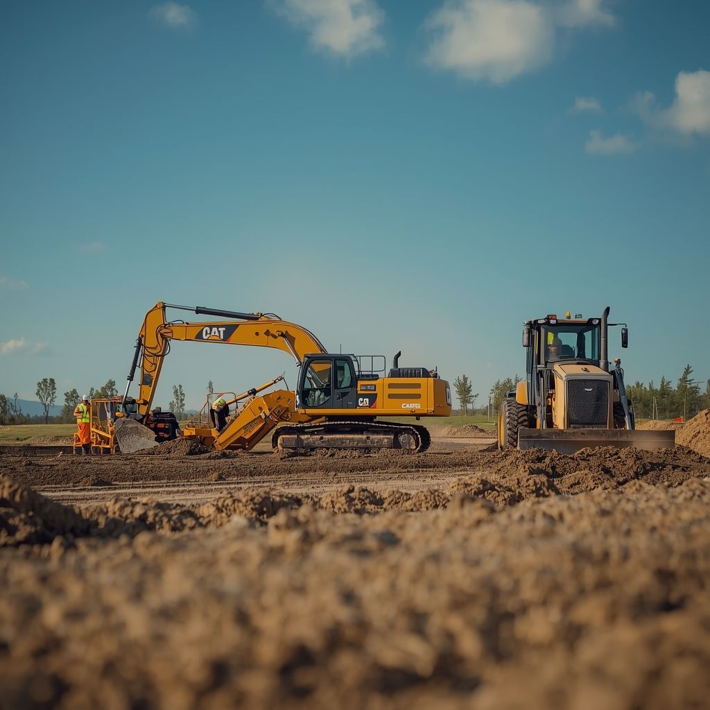 Construction site with excavator and bulldozer performing land clearing