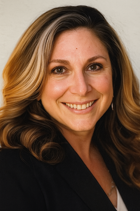 A woman wearing a black jacket and a necklace smiles for the camera