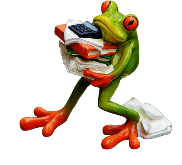 A frog is holding a stack of books and a calculator
