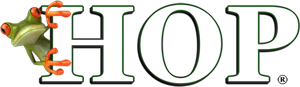 A frog is sitting on top of the word hop