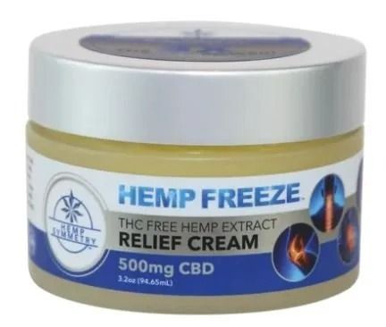 A jar of Hemp Freeze THC-free CBD relief cream, 500mg, with a blue and white label showing images of joints in pain.