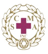 Circle logo with a burgundy cross and the letters