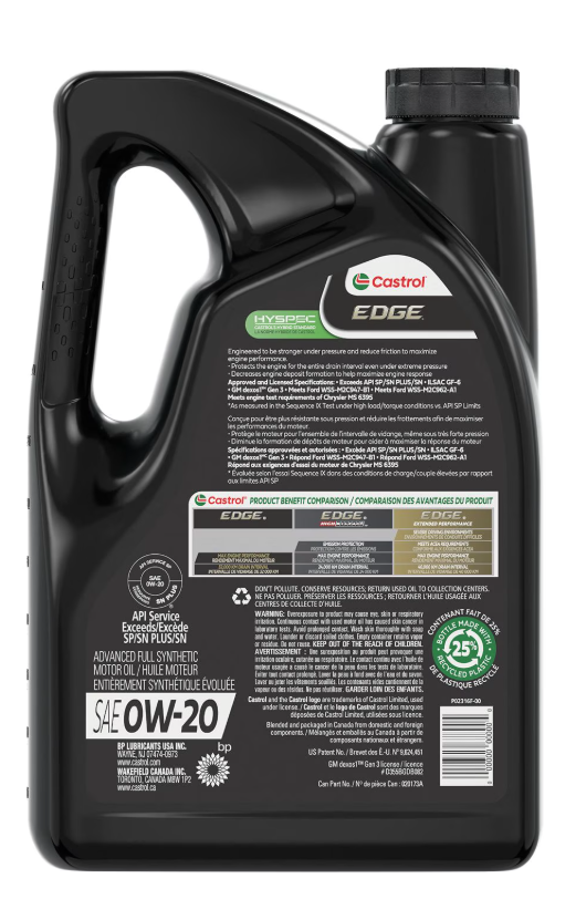 Castrol EDGE 0W20 Advanced Synthetic Engine/Motor Oil, 5