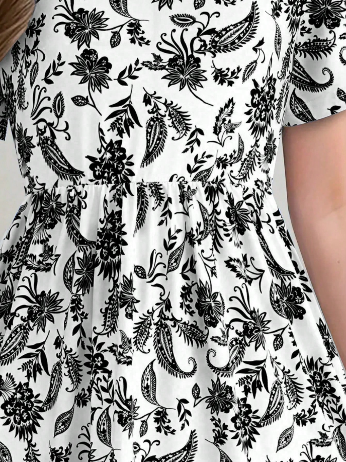 Bohemian Style Paisley Print Short Sleeve Midi Dress, Girls Holiday Casual Dress, Summer Gift