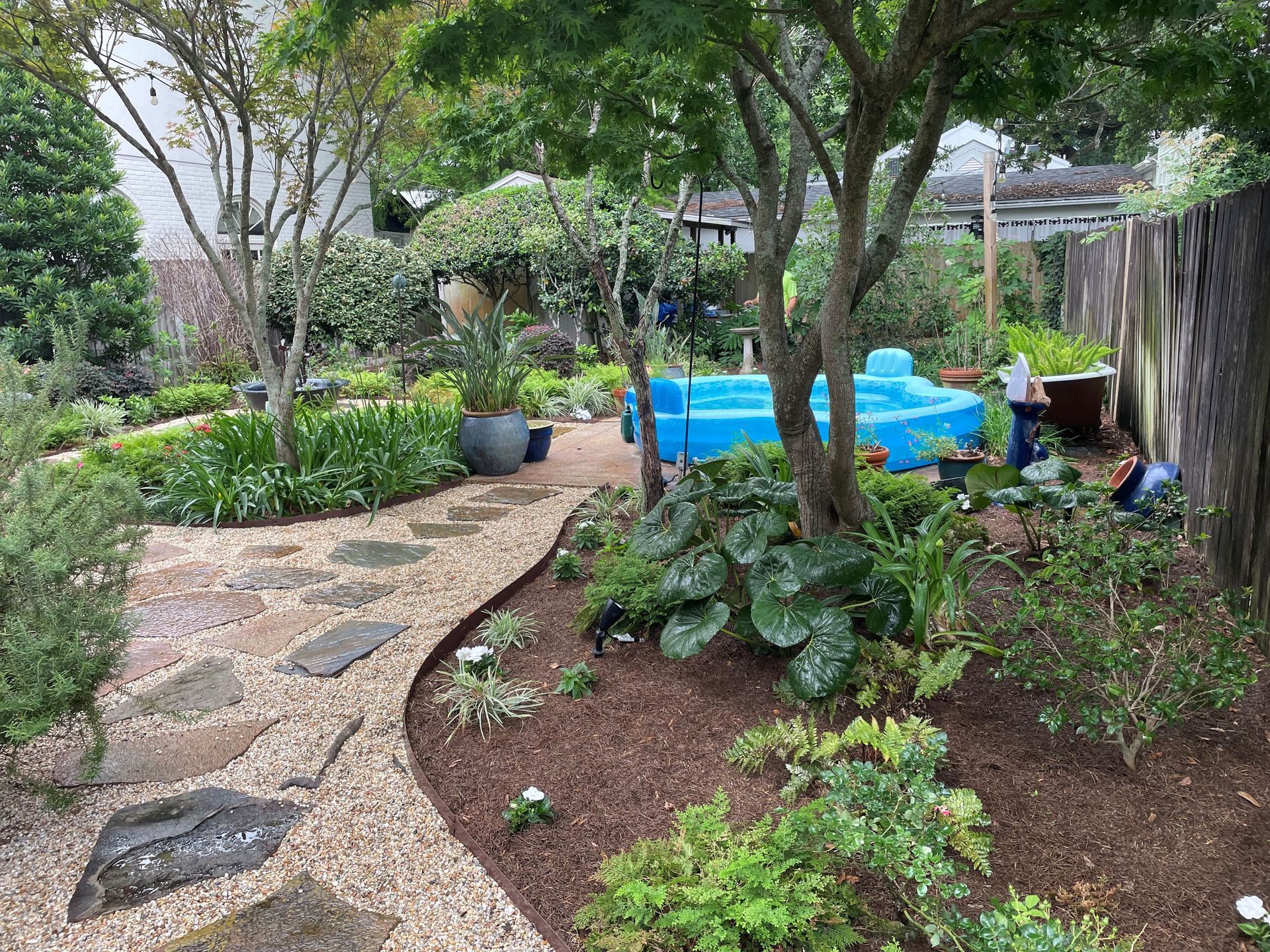 Backyard garden with stone path, trees, plants, and a blue kiddie pool on the right