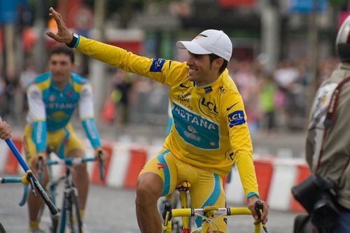 PARIS, FRANCE - JULY 26, 2010 : Alberto Contador on the Champs Elysees after wining the Tour de France 2010