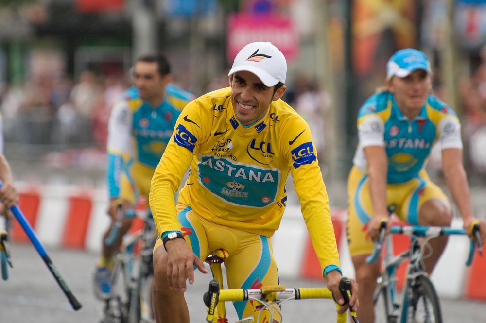 Alberto Contador on the Champs-Élysées at the 2010 Tour de France.