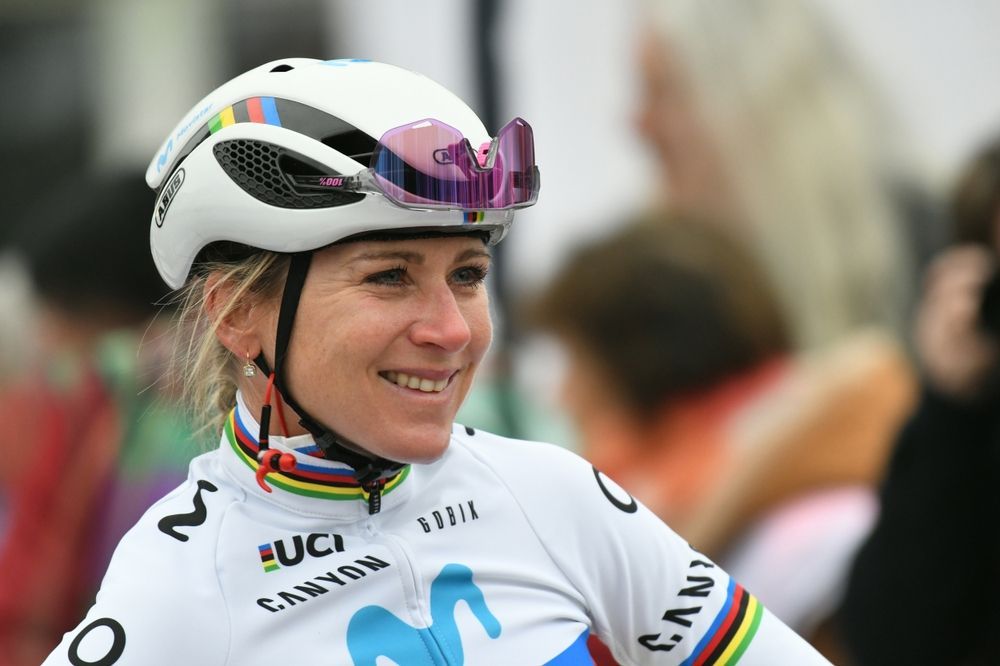 Annemiek van Vleuten racing for Movistar in Oudenaarde, Belgium, in 2023.