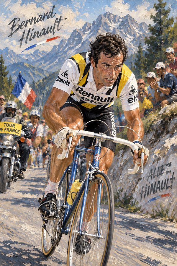 Oil painting style illustration of Bernard Hinault, a famous French cyclist