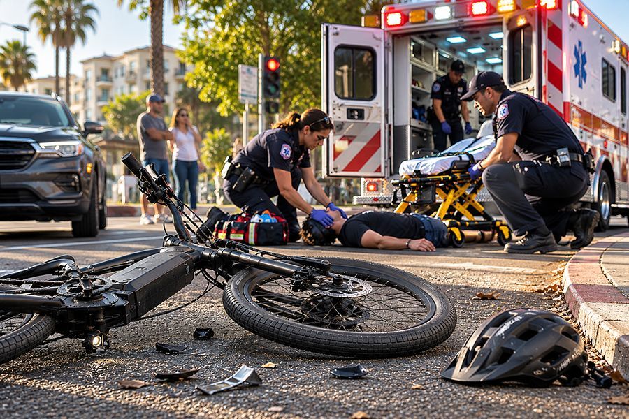 E-bike crash on a California road with an injured teen being treated by paramedics at the scene.