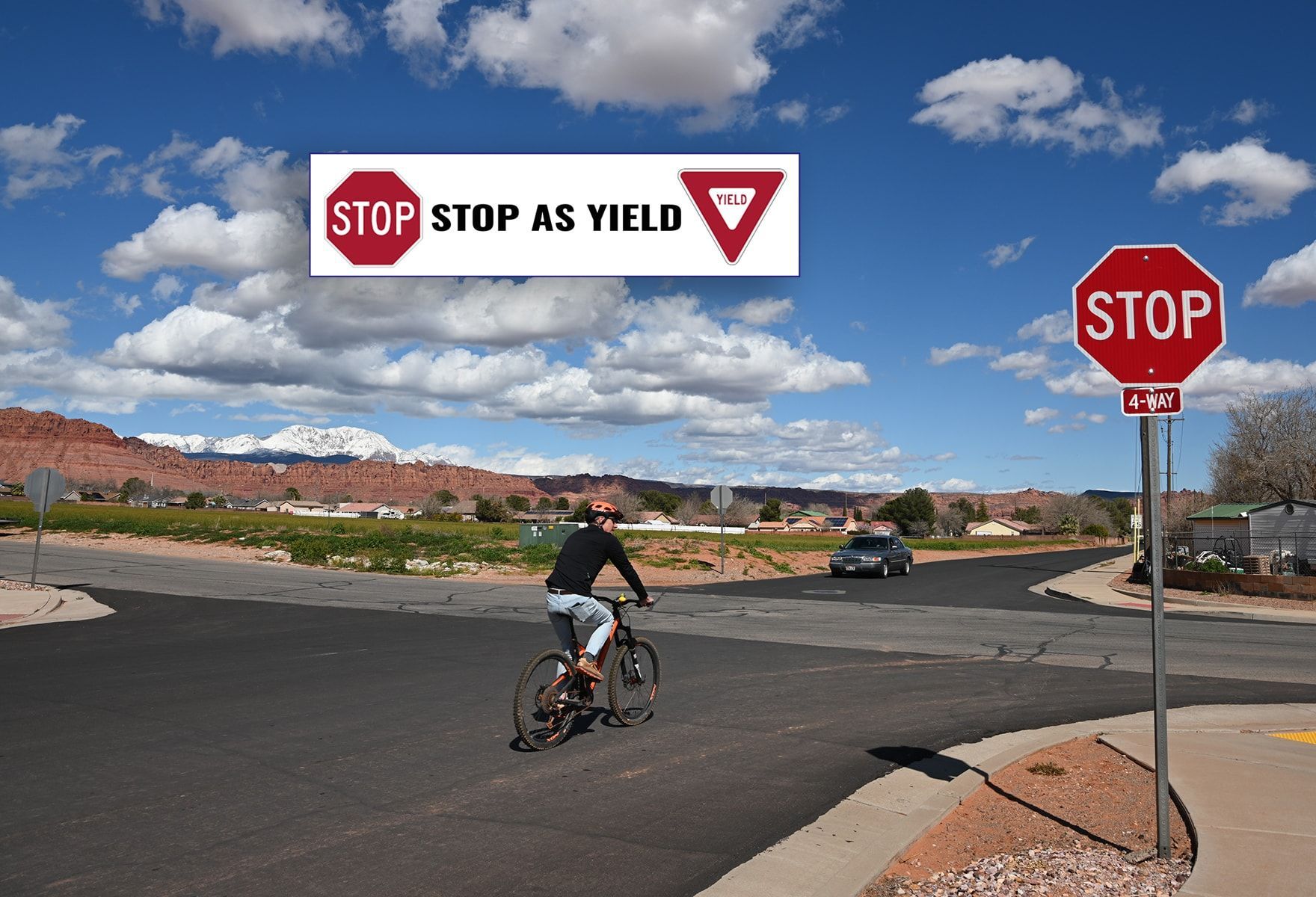 Cyclist rolling through a stop sign. Stop as Yield, Idaho Stop
