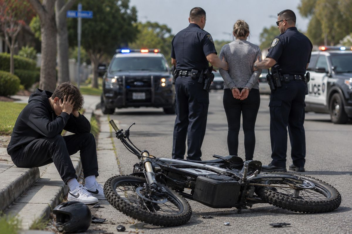A Teen boy sitting on a curb in Orange County, CA, after crashing his illegal e-motorcycle.
