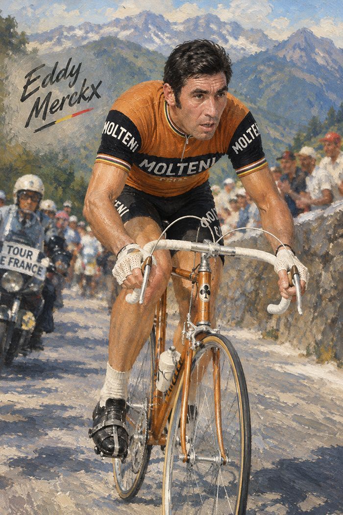 Illustration of Eddy Merckx, racing in the Tour de France with mountains in the background