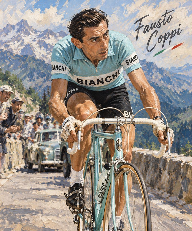 Oil painting depiction of famous Italian cyclist Fausto Coppi racing in the Tour de France 1952