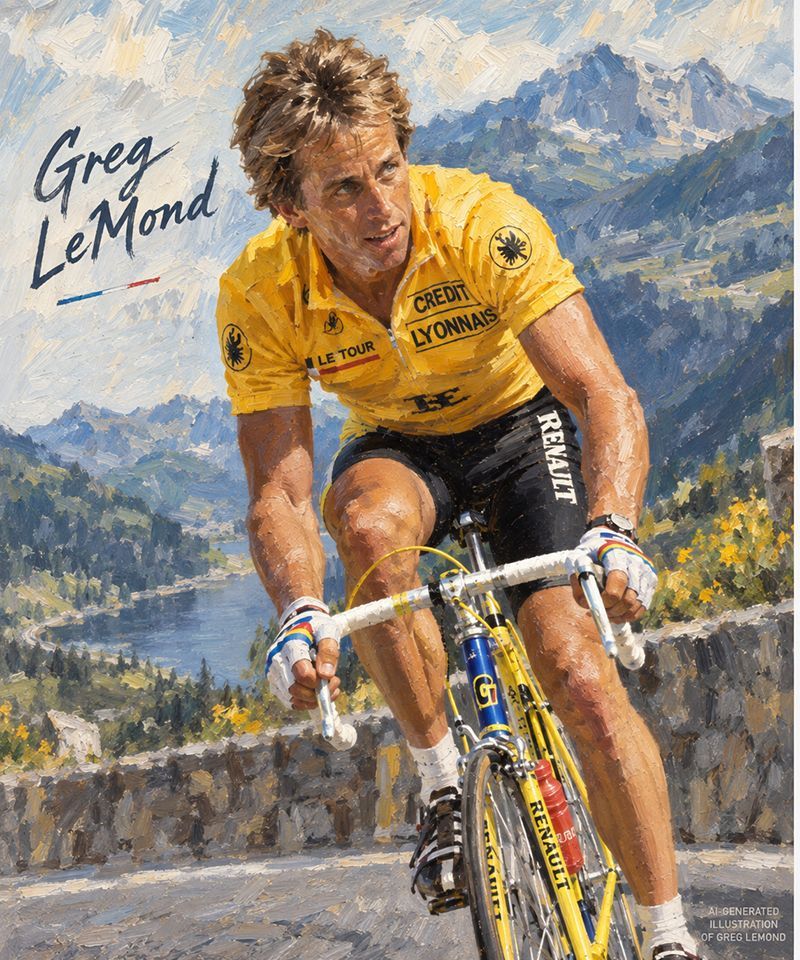 Oil-painting-style depiction of Greg LeMond, a famous American cyclist, riding a road bike in the mountains while wearing the yellow jersey.