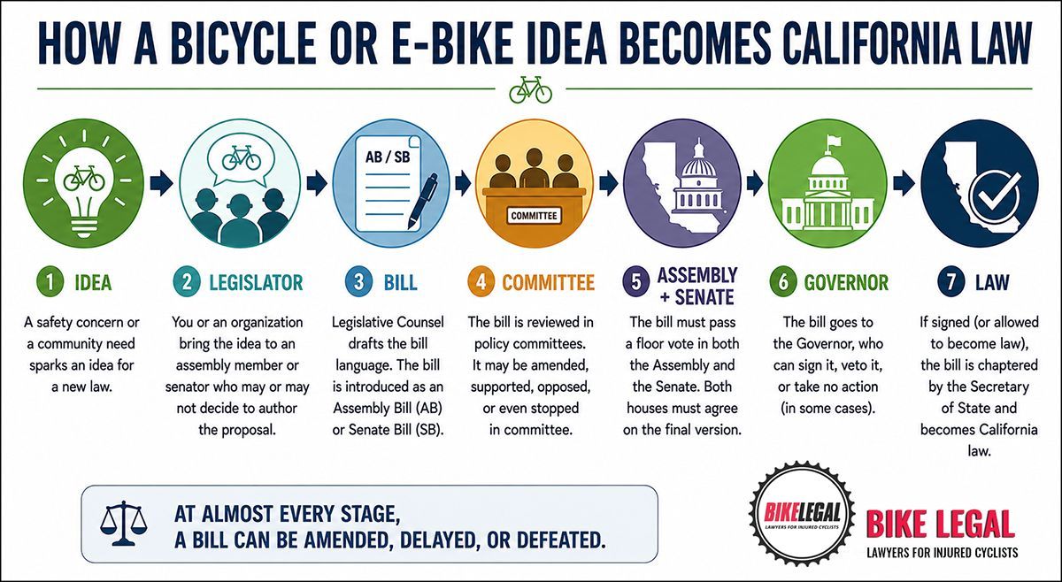 A visual infographic depicting the seven steps of how an idea moves through the California legislative process to become a law. Idea, Legislator, Bill, Committee, Assembly and Senate, Governor, Law.