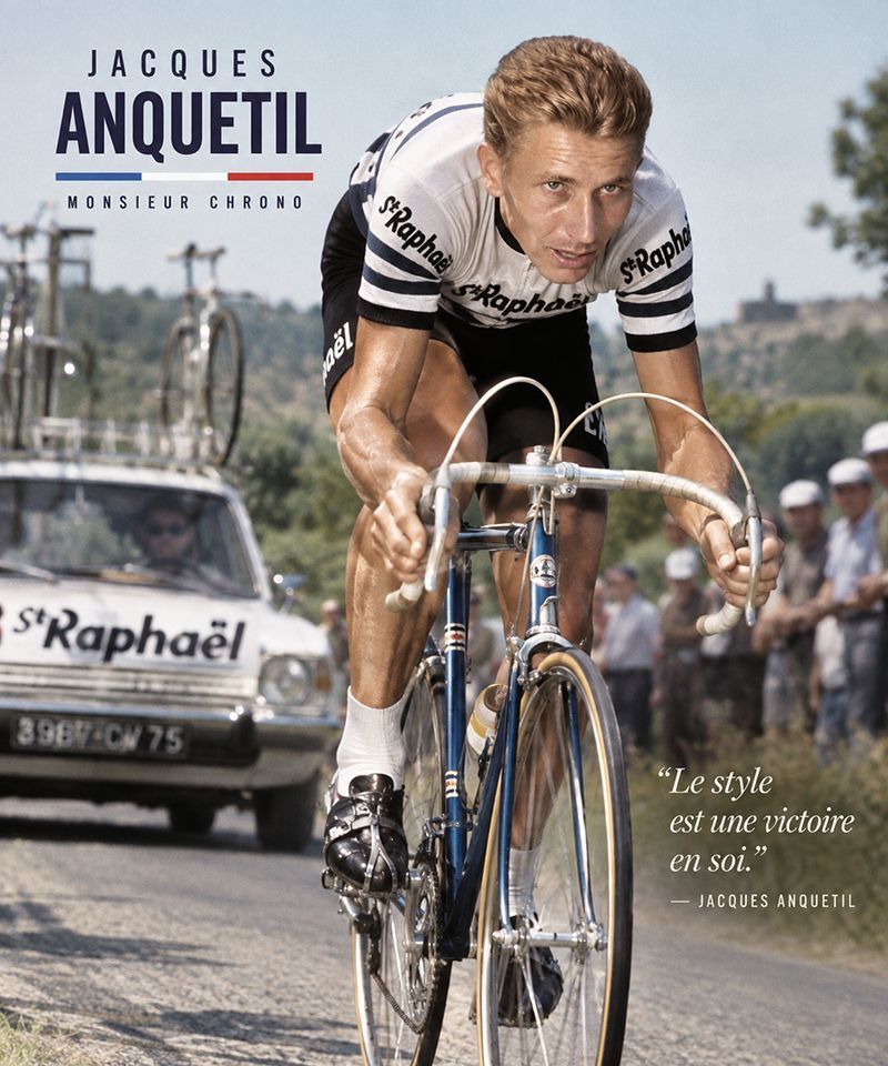 Illustration of Jacques Anquetil, a famous French cyclist, racing a vintage road bike in his St-Raphaël cycling kit.