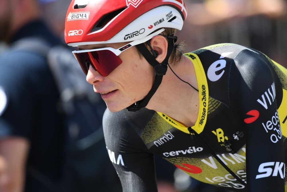 Caen, France - July 9, 2025: Portrait of Jonas Vingegaard, famous cyclist, racing
