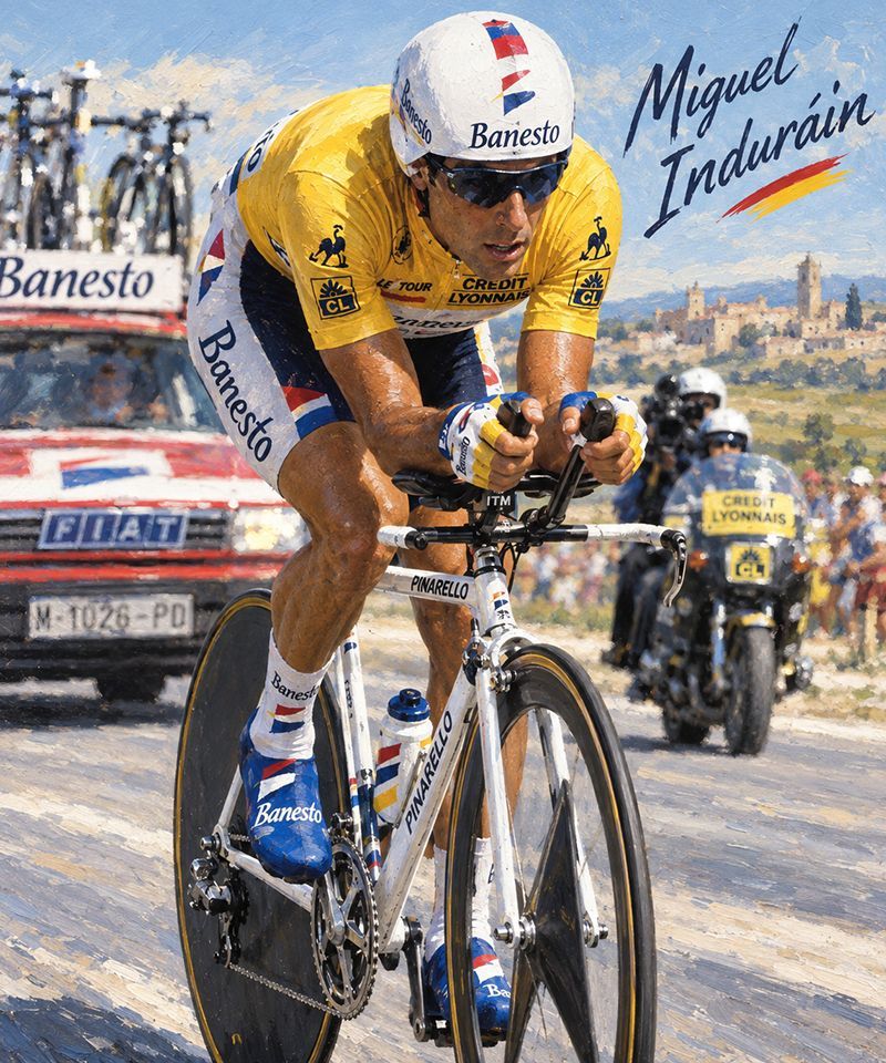 Oil painting style depiction of Miguel Induráin, a famous Spanish cyclist, racing a time trial race