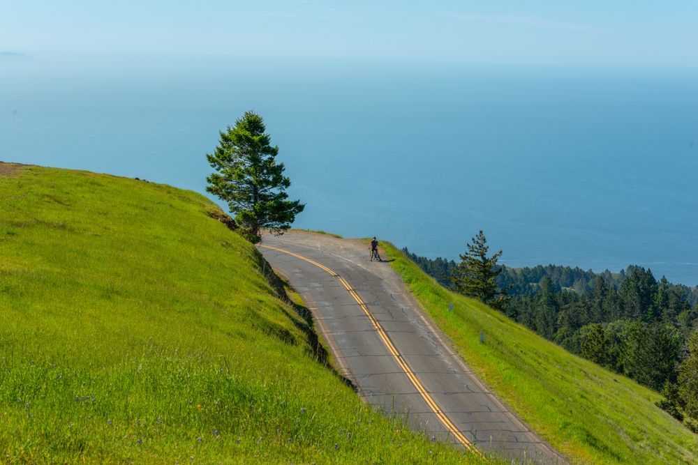 Cyclist on Mount Tamalpais looking at ocean