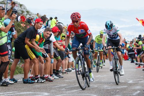 Cabarga, Spain - August 31, 2016. Cyclists Nairo Quintana and Chris Froome climbing Cabarga port during the tour of Spain.