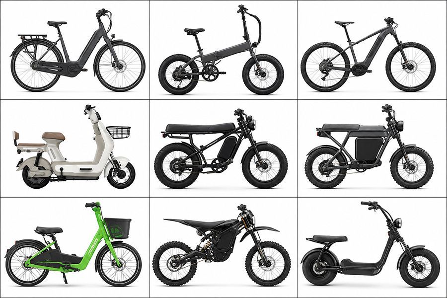 Nine various two-wheeled electric mobility devices. Some are legal e-bikes in California; others are not. This creates confusion when trying to understand legality.